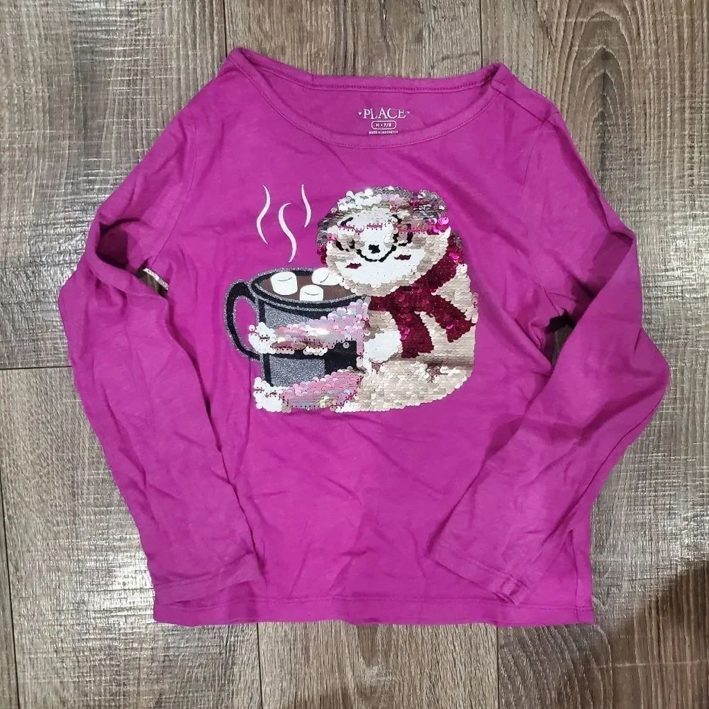 Girls Place Long Sleeve Shirt Size 7 Purple Shirt with Cozy Bear Design
